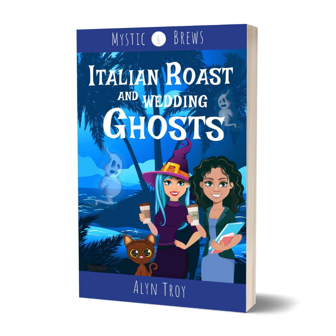 Italian Roasts and wedding Ghosts cover image. Cozy mystery set on the Italian coast, with pixies, fae, and magical intrigue.