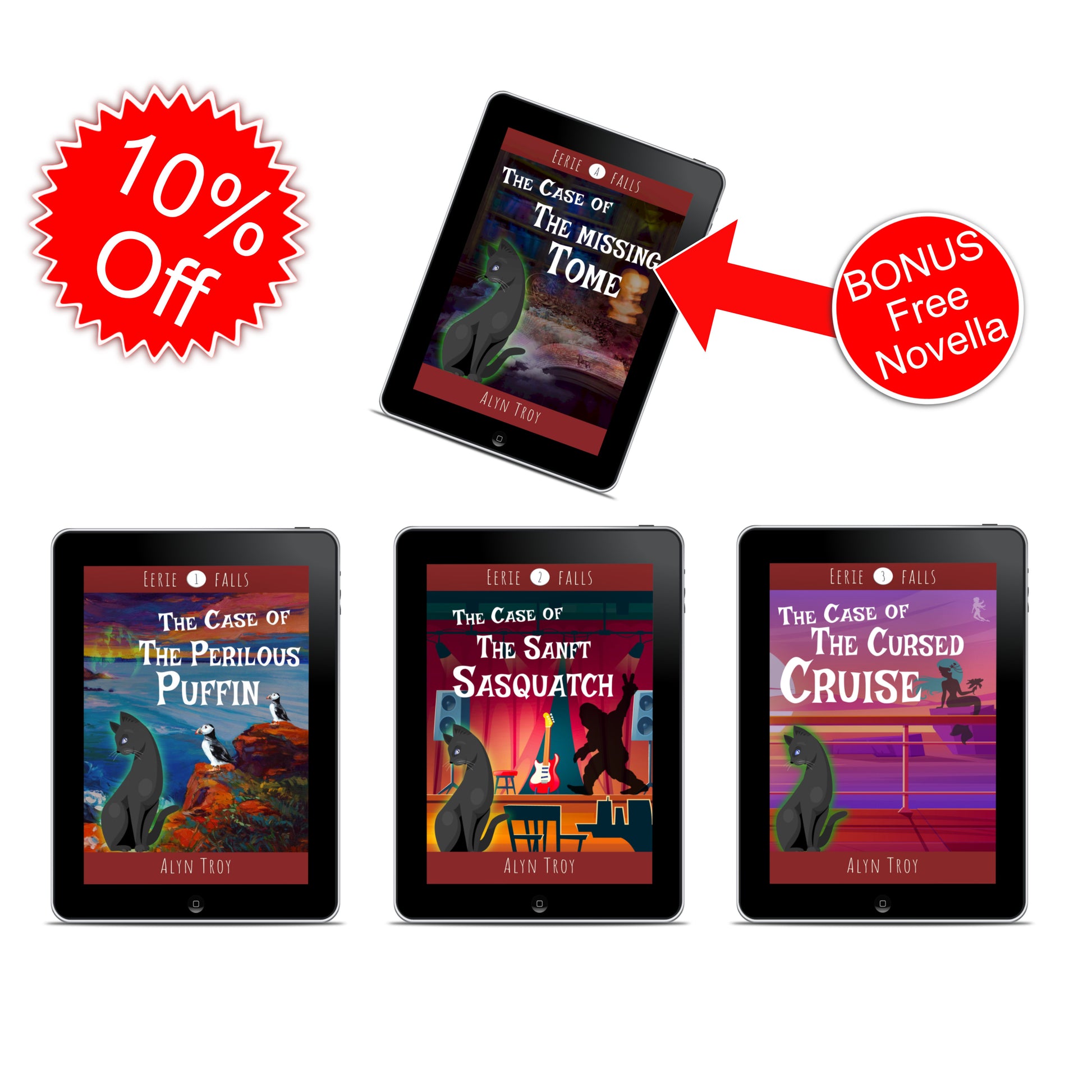 Save 10% off three ebooks: Perilous Puffin, Sanft Sasquatch, and Cursed Cruise. Bonus free novella ebook Missing tome.