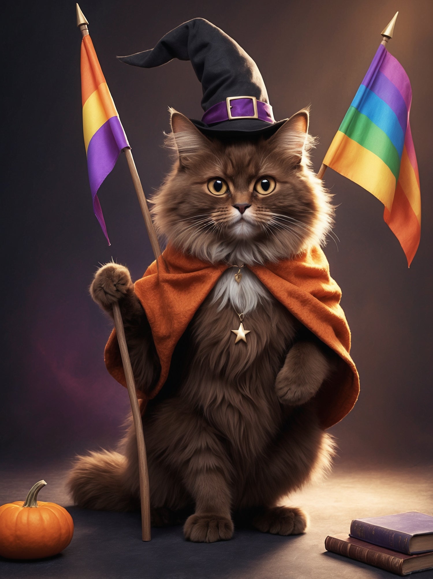 A brown cat dressed as a wizard with pride flags