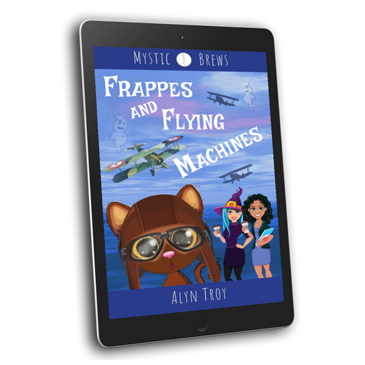 Frappes and Flying Machines ebook cover. Snarky talking cat cozy mystery