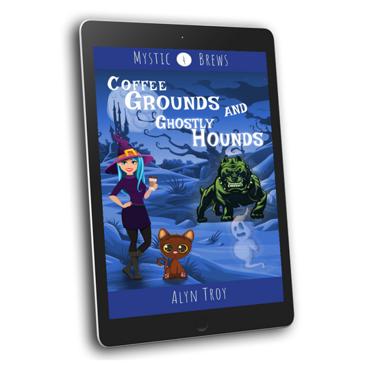 Coffee Grounds and Ghostly Hounds ebook cover. Snarky talking cat cozy mystery