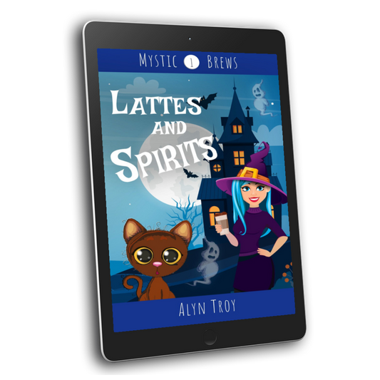 Lattes and Spirits ebook cover. Snarky talking cat cozy mystery