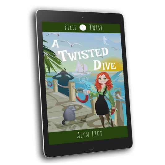 A Twisted Dive ebook cover. Cozy Mystery with a Pixie Twist.